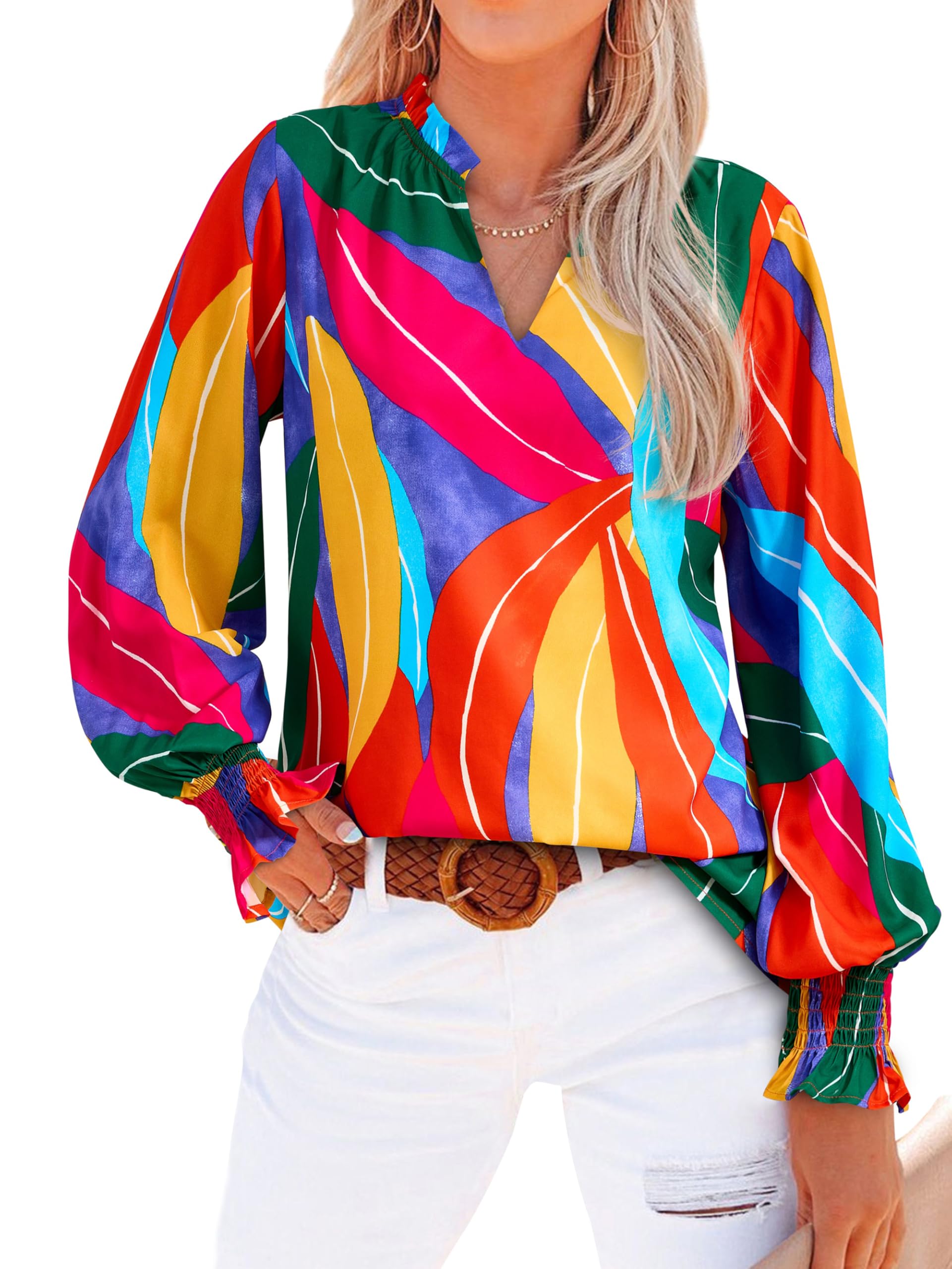 MASCOMODA Womens V Neck Floral Long Sleeve Tops 2025 Summer Casual Loose Puff Sleeve Chiffon Boho Work Blouse Dressy T Shirts